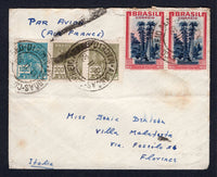 BRAZIL - 1938 - COMMEMORATIVE ISSUE: Cover franked with 1920 pair 300rs grey olive and 1000rs turquoise blue 'Industry' issue plus pair 1937 10,000rs deep blue & lake 'Tourism' issue (SG 394B, 399B & 607) tied by MACEIO cds's dated 19. 11. 1938. Addressed to ITALY with arrival mark on reverse. Couple of light tones but a scarce stamp on cover.  (BRA/32031)