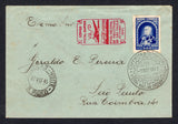 BRAZIL - 1940 - PRIVATE AIRMAIL COMPANIES - VASP: Cover franked with 1939 400rs bright ultramarine (SG 619) tied by good strikes of circular CORREIOS E TELEGRAFOS S. PAULO FEIRA NAC. DE INDUSTRIAS 7 SEP 1940 cancel with S.PAULO cds dated 07 VIII 1940 alongside plus 'Servicio Postal Rapido VASP Feira Nacional de Industrias de Sao Paulo Setembro 1940' airplane cachet in red on front & reverse. Addressed locally within SAO PAULO.  (BRA/32080)