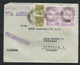 BRAZIL - 1936 - AIRMAIL & MULTIPLE: Airmail cover franked with 2 x 1920 300rsgrey olive 'Industry' issue and block of four 1930 3000rs bright violet AIR issue (SG 394 & 484) tied by CORREIO AEREO DISTRITO FEDERAL cds's dated 26 SEP 1936 with boxed 'VIA AEROPOSTALE' cachet in purple on front. Addressed to GERMANY.  (BRA/32576)