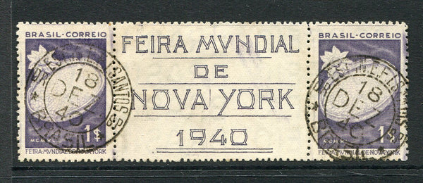 BRAZIL - 1940 - COMMEMORATIVES: 1m dull violet 'New York Worlds Fair' issue, a fine cds used pair with large central gutter label inscribed 'FEIRA MUNDIAL DE NOVA YORK 1940'. (SG 633)  (BRA/33104)
