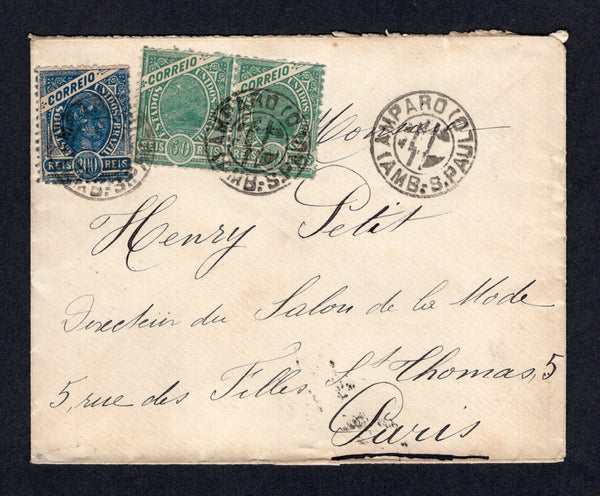 BRAZIL - 1903 - TRAVELLING POST OFFICES: Cover franked with 1900 pair 50rs dull green 'Sugarloaf' and 200rs deep blue 'Liberty Head' issue (SG 230 & 234a) tied by multiple strikes of AMPARO (AMB - S. PAULO) cds. Addressed to FRANCE with 3o TREM - AMBULANTE (2AT) transit cds on reverse with French arrival cds. A nice double ambulante.  (BRA/33272)