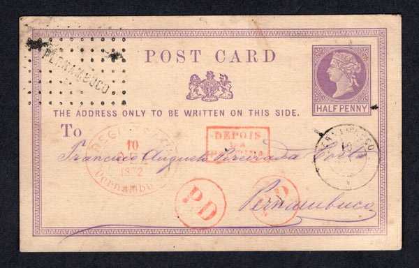 BRAZIL - 1872 - CANCELLATION: ½d lilac on buff QV postal stationery card of Great Britain (H&G 1) used in Brazil with multiple cancellations struck on front with 'PERNAMBUCO' dotted diamond in black, oval REGISTRADA PERNAMBUCO cancel in red dated 10 DEC 1872, PERNAMBUCO cds in black dated 10 DEC 1972, two strikes of 'PD' in circle in red and small boxed 'DEPOIS DA PARTIDA' marking in red. Addressed to 'Francesco Augusto Pereira da Costa, Pernambuco'. No message on reverse. Attractive and unusual.  (BRA/354