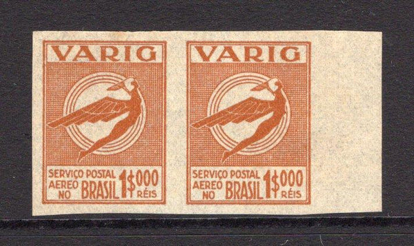 BRAZIL - 1931 - PRIVATE AIRMAIL COMPANIES - VARIG: 1000rs yellow brown on light buff 'Icarus' issue, a fine side marginal IMPERF PROOF PAIR on thin ungummed paper. Very scarce. Unrecorded in either RHM or Sanabria. (As Sanabria V21)  (BRA/36284)