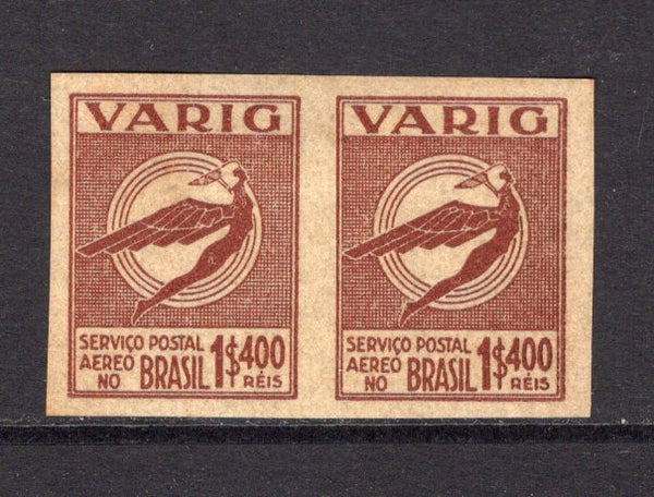 BRAZIL - 1931 - PRIVATE AIRMAIL COMPANIES - VARIG: 1400rs purple brown on straw 'Icarus' issue, a fine IMPERF PROOF PAIR on thin ungummed paper. Very scarce. Unrecorded in either RHM or Sanabria. (As Sanabria V22)  (BRA/36287)