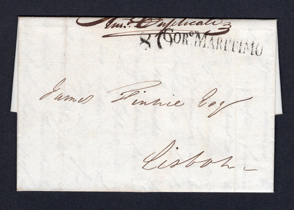 BRAZIL - 1821 - TRANSATLANTIC MAIL & MARITIME: Complete folded letter datelined 'Pernambuco 26 Nov 1821' with '80r' rate marking on front with fine strike of straight line 'CORo MARITIMO' marking in black. Addressed to PORTUGAL with light arrival mark on reverse.  (BRA/36322)