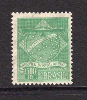 BRAZIL - 1927 - PRIVATE AIRMAIL COMPANIES - VARIG: 1300rs green without the 'Syndicato Condor' inscription at top and with variety red 'VARIG' OPT OMITTED. A fine unmounted mint example. A very scarce stamp. (Sanabria #V3)  (BRA/37203)