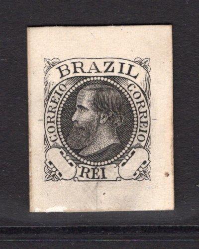 BRAZIL - 1883 - PROOF: Undenominated Master DIE PROOF of the 100rs lilac 'Small' perforated Dom Pedro issue printed in black on thick card with blank value tablets and 'S' of 'REIS' painted out. A rare and unique item of the highest exhibition quality. (As SG 76)  (BRA/37207)
