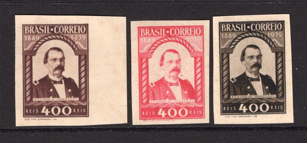 BRAZIL - 1939 - PROOFS: 400rs '50th Anniversary of the Constitution' issue picturing Benjamin Constant, three IMPERF COLOUR TRIALS in purple brown, rose and deep brown, printed on thin off white ungummed paper. (SG 624)  (BRA/37215)