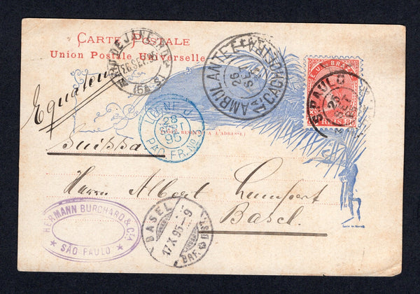BRAZIL - 1895 - TRAVELLING POST OFFICES & MARITIME: 80rs red 'Liberty' postal stationery card (H&G 15) used with S. PAULO cds dated 25 SEP 1895 with fine strike of large AMBULANTE CACHOEIRA 1A T cds alongside with RIO DE JANEIRO transit cds. Addressed to SWITZERLAND with fine strike of LIGNE J PAQ. FR. No.3 cds in blue on front with Swiss arrival cds.  (BRA/37229)
