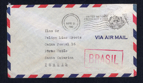 BRAZIL - 1962 - UNITED NATIONS MILITARY FORCE: Stampless airmail cover with typed 'Cb 4069 - Kroetz, Brazilian Battalion, UNEF - Base Post office Beyrouth Libanon' return address on reverse with blank UNITED NATIONS EMERGENCY FORCE roller cancel dated APR 9 1962 (showing no indication of location) on front with QUARTEL CENTRAL cds and boxed 'BRASIL' origination mark in red. The reverse has a fine strike of the boxed 'I EXERCITO QUARTEL GENERAL CORREIO DE SUEZ' cachet in black with circular SV POSTAL BTL SU