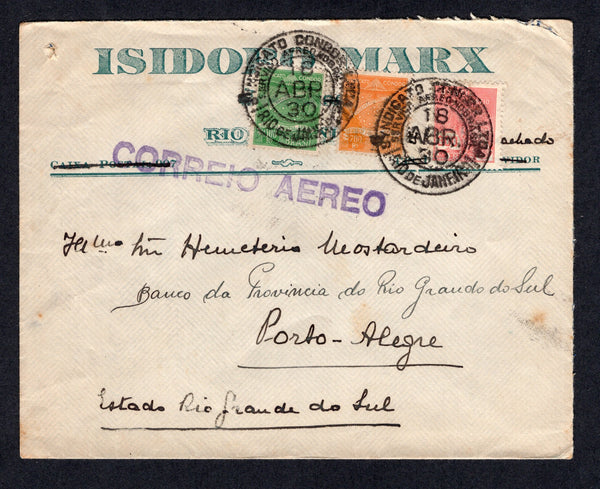 BRAZIL - 1930 - PRIVATE AIRMAIL COMPANIES - CONDOR: Commercial cover franked with 1920 300rs rose red 'Industry' issue plus 1927 700rs orange  & 1300rs green CONDOR issue (SG 377 & Sanabria #C2 & C4) tied by SYNDICATO CONDOR RIO DE JANEIRO cds's dated 18 APR 1930 with large straight line 'CORREO AEREO' marking in violet. Addressed to PORTO ALEGRE with PORTO ALEGRE CONDOR arrival cds on reverse..  (BRA/37244)