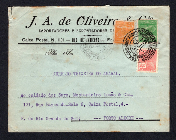 BRAZIL - 1930 - PRIVATE AIRMAIL COMPANIES - CONDOR: Commercial cover franked with 1920 300rs rose red 'Industry' issue plus 1927 700rs orange  & 1300rs green CONDOR issue (SG 377 & Sanabria #C2 & C4) tied by SYNDICATO CONDOR RIO DE JANEIRO cds's dated 18 APR 1930 with large straight line 'CORREO AEREO' marking in violet. Addressed to PORTO ALEGRE with PORTO ALEGRE CONDOR arrival cds on reverse..  (BRA/37245)