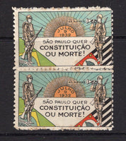BRAZIL - 1932 - REVOLUTION & CINDERELLA: Multi-coloured CINDERELLA label inscribed 'JULHO 9 1932 SAO PAULO QUER CONSTITUICAO OU MORTE AS/ARMAS' depicting soldiers, a rising sun & flags produced for M.M.D.C. soldiers to affix to their letters. An unused pair with some light toning.  (BRA/37673)