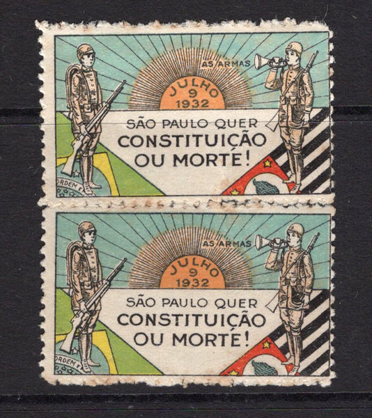 BRAZIL - 1932 - REVOLUTION & CINDERELLA: Multi-coloured CINDERELLA label inscribed 'JULHO 9 1932 SAO PAULO QUER CONSTITUICAO OU MORTE AS/ARMAS' depicting soldiers, a rising sun & flags produced for M.M.D.C. soldiers to affix to their letters. An unused pair with some light toning.  (BRA/37673)