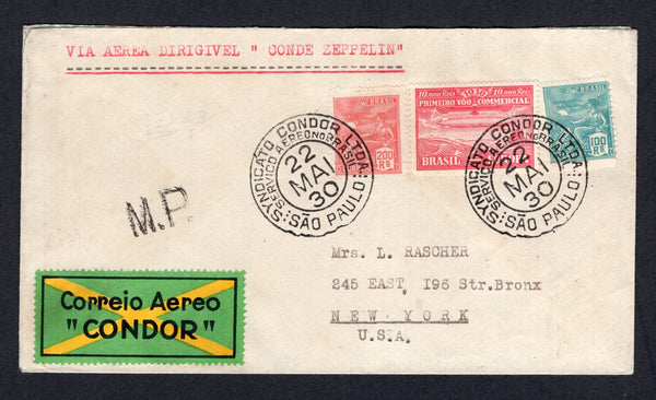 BRAZIL - 1930 - ZEPPELIN: Cover with typed 'Via Aerea Dirigivel "Conde Zeppelin"' on front franked with 1920 100rs turquoise green and 200rs vermilion 'Industry' definitive issue and 1930 10,000rs carmine CONDOR issue (SG 327, 330a & Sanabria #Z2) tied by SAO PAULO 'Condor' cds's dated 22 MAI 1930. Flown on the first 'Sudamerikafahrt' with yellow, black & green 'Correio Aereo "CONDOR"' airmail label and small 'M.P.' marking. Addressed to USA with large RECIFE Zeppelin transit cds on reverse.  (BRA/38105)