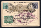 BRAZIL - 1930 - ZEPPELIN: 200rs olive brown postal stationery card (H&G 41) with typed 'par le "Zeppelin"' at top used with added 1920 20rs slate violet & 80rs blue green 'Industry' definitive issue and 1930 5,000rs green CONDOR 'Zeppelin' issue (SG 319, 308 & Sanabria #Z1) tied by PORTO ALEGRE 'Condor' cds's dated 22 MAI 1930. Flown on the first 'Sudamerikafahrt' with large diamond 'EUROPE PAN AMERICA ROUND FLIGHT' cachet in purple on front. Addressed to FRANCE with large RECIFE 'Condor' transit cds and F