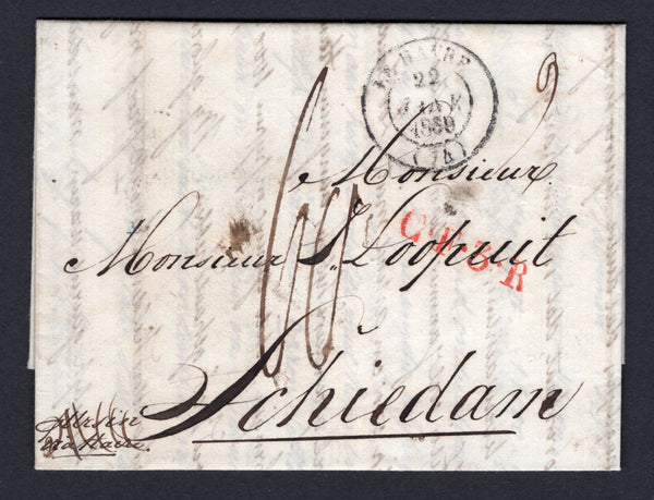 BRAZIL - 1833 - TRANSATLANTIC MAIL: Complete folded letter datelined 'Rio de Janeiro den 24e November 1838' and rated '9' and '60' in manuscript on front. Addressed to Schiedam, HOLLAND with LE HAVRE French transit cds on front with straight line 'C.F.3.R' marking in bright red alongside. Additional French transit cds and SCHIEDAM arrival cds in red on reverse.  (BRA/38450)