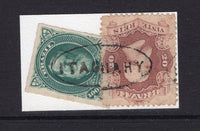 BRAZIL - 1866 - CANCELLATION: 20rs rosy brown perforated 'Dom Pedro' and 1878 100rs green White Beard 'Dom Pedro' both used with good part strikes of oval ITAGUAHY cancels in black nicely placed to reconstruct the complete cancellation. (SG 44a & 61)  (BRA/38617)