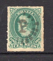 BRAZIL - 1878 - CANCELLATION: 100rs green 'Dom Pedro' issue used with fine complete strike of 'P' in sunburst cancel of PRESIDIO DE UBA. Scarce. (SG 61)  (BRA/38619)