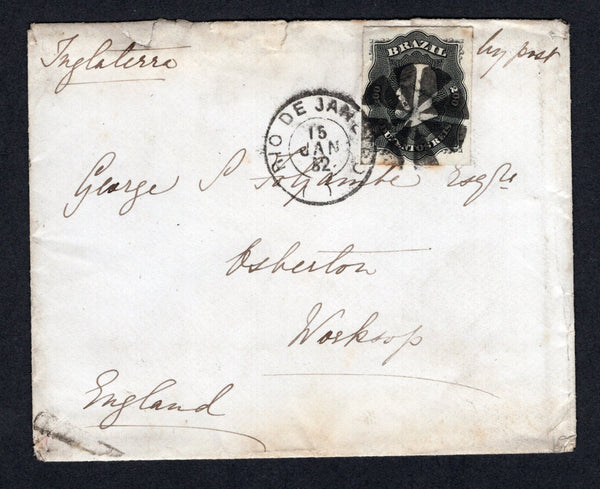 BRAZIL - 1882 - DOM PEDRO ISSUE: Cover franked with single 1876 200rs black rouletted 'Dom Pedro' issue (SG 55) tied by dumb cork cancel with RIO DE JANEIRO cds alongside dated 15 JAN 1882. Addressed to UK with arrival cds on reverse. Cover a little worn around edges.  (BRA/38641)