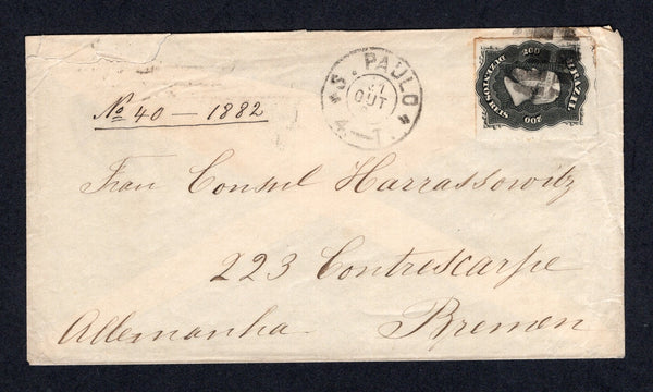 BRAZIL - 1882 - DOM PEDRO ISSUE: Cover franked with single 1876 200rs black rouletted 'Dom Pedro' issue (SG 55) tied by dumb cork cancel with S. PAULO cds alongside dated 21 OCT 1882. Addressed to GERMANY with transit & arrival marks on reverse.  (BRA/38642)