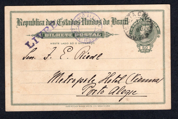 BRAZIL - 1917 - INSURRECTION & CENSORSHIP: 50rs dull green postal stationery card (H&G 32) used with SANTA CRUZ (R.G DO SUL) cds dated NOV 1917. Addressed internally to PORTO ALEGRE with straight line 'LIVRE' marking in purple (denoting censorship) and PORTO ALEGRE arrival cds also in purple on front. These censors were in place due to the Food Riots and Peasant revolts in the South of Brazil during 1917-1919.  (BRA/38659)