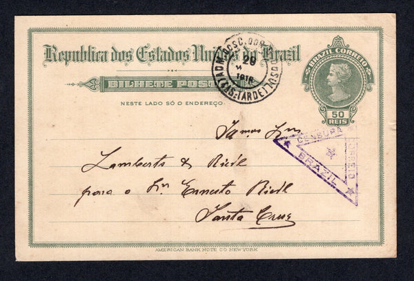 BRAZIL - 1918 - INSURRECTION & CENSORSHIP: 50rs dull green postal stationery card (H&G 32) datelined 'Garibaldi 28 Maio 1918' used with ADM DOS C. DO R.G DO SUL (4AS: TARDE) cds dated 29 MAI 1918. Addressed internally to SANTA CRUZ with good strike of triangular 'CORREIO BRAZIL CENSURA' censor marking in purple on front. These censors were in place due to the Food Riots and Peasant revolts in the South of Brazil during 1917-1919.  (BRA/38661)