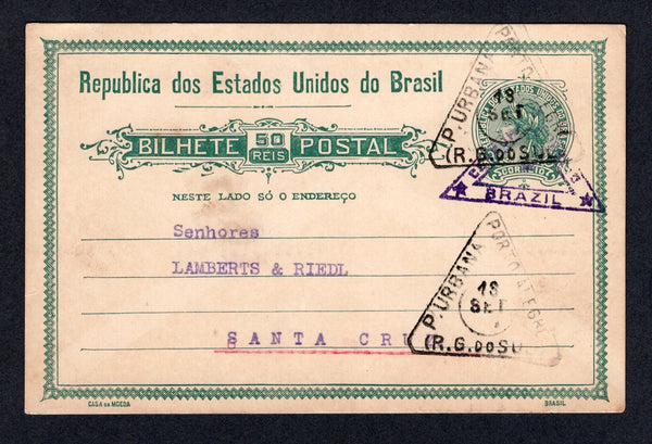 BRAZIL - 1918 - INSURRECTION & CENSORSHIP: 50rs green on cream postal stationery card (H&G 39) datelined 'P. Alegre 12 Setembro de 918' used with triangular P. URBANA PORTO ALEGRE (R. G. DO SUL) cancel dated 18 SEP 1918. Addressed internally to SANTA CRUZ with triangular 'CORREIO BRAZIL CENSURA' censor marking in purple on front. These censors were in place due to the Food Riots and Peasant revolts in the South of Brazil during 1917-1919.  (BRA/38662)