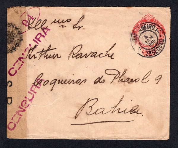 BRAZIL - 1919 - INSURRECTION & CENSORSHIP: 100rs red on thin cream paper postal stationery envelope (H&G B24) used with RIO DE JANEIRO cds dated 4 JAN 1919. Addressed to BAHIA and censored with black on buff printed 'S.P. ABERTA PELA CENSURA' censor strip tied by straight line 'CENSURA' markings, oval '94' marking and triangular 'CORREIO BRAZIL CENSURA' censor mark in magenta on front & reverse with BAHIA arrival cds also on reverse. These censors were in place due to the Food Riots and Peasant revolts in 