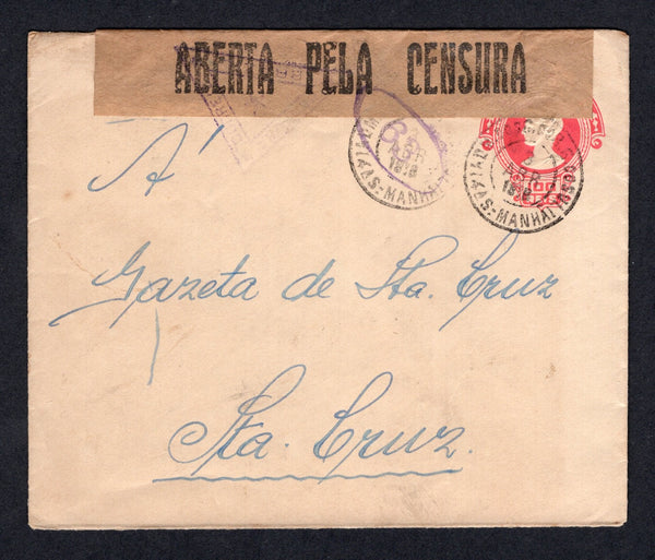 BRAZIL - 1919 - INSURRECTION & CENSORSHIP: 100rs red on white postal stationery envelope (H&G B19) used with ADM DOS C. DO R.G DO SUL (4AS: MANHA) cds dated 3 APR 1919. Addressed to 'Gazeta de St Cruz' (Newspaper) in SANTA CRUZ and censored with printed black on buff 'S.P. ABERTA PELA CENSURA' censor strip tied by triangular 'CORREIO BRAZIL CENSURA' censor mark and oval '63' both in magenta on front & reverse. These censors were in place due to the Food Riots and Peasant revolts in the South of Brazil duri