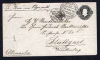BRAZIL - 1888 - POSTAL STATIONERY & CANCELLATION: 200rs black 'Dom Pedro' postal stationery envelope (H&G B2) used with RIO DE JANEIRO cds dated 14 AGO 1888 with fine strike of the oval DIRECTORIA GERAL DOS CORREIOS 'Arms' cancel alongside. Addressed to GERMANY and endorsed 'Per Yonic via Plymouth' at top. Arrival cds on reverse.  (BRA/38955)