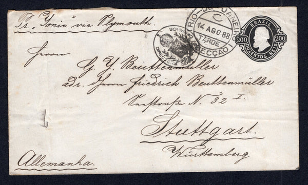 BRAZIL - 1888 - POSTAL STATIONERY & CANCELLATION: 200rs black 'Dom Pedro' postal stationery envelope (H&G B2) used with RIO DE JANEIRO cds dated 14 AGO 1888 with fine strike of the oval DIRECTORIA GERAL DOS CORREIOS 'Arms' cancel alongside. Addressed to GERMANY and endorsed 'Per Yonic via Plymouth' at top. Arrival cds on reverse.  (BRA/38955)