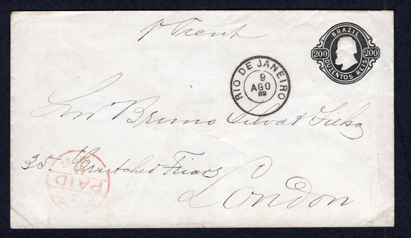 BRAZIL - 1882 - POSTAL STATIONERY: 200rs black 'Dom Pedro' postal stationery envelope (H&G B2) used with RIO DE JANEIRO cds dated 9 AGO 1882. Addressed to UK with LONDON arrival cds in red on front.   (BRA/38956)