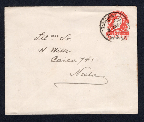 BRAZIL - 1893 - POSTAL STATIONERY: 100rs red on thick wove paper 'Liberty' postal stationery envelope (H&G B8b) used with RIO DE JANEIRO cds dated 2 MAR 1893. Addressed to NESTA with transit mark on reverse. A very scarce envelope in used condition.  (BRA/38957)