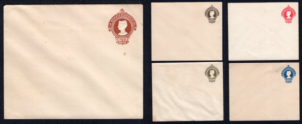 BRAZIL - 1907 - POSTAL STATIONERY: 100rs red, 200rs blue, 300rs blackish brown, 400rs dark olive and 700rs orange brown postal stationery envelopes (H&G B19/B23). The set of five fine unused. Most of the backflaps are stuck down.  (BRA/38960)