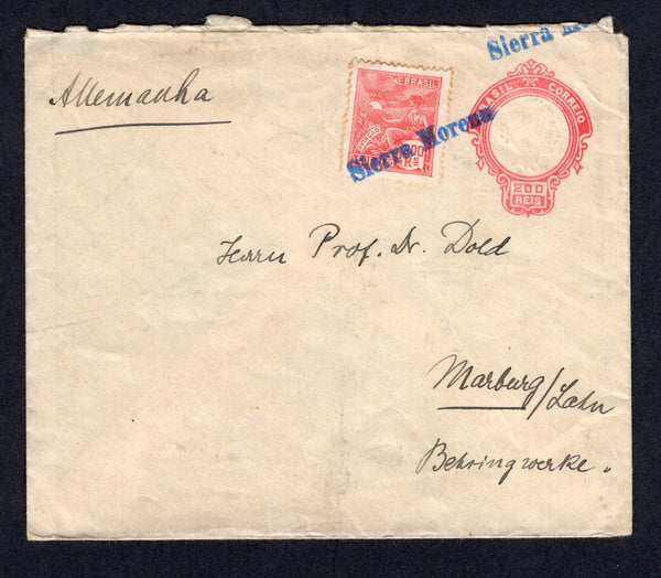BRAZIL - 1925 - MARITIME & CANCELLATION: 200rs dull red on buff postal stationery envelope (H&G B29a) used with added 1920 200rs rose red 'Industry' definitive issue (SG 357) tied by two strikes of straight line 'Sierra Morena' SHIP cancel in blue of the Norddeutsche Lloyd line. Addressed to GERMANY with boxed 'Wiss Sekr 3 AUG 1925' marking in purple on reverse. Very scarce.  (BRA/38961)