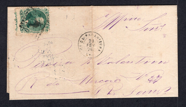 BRAZIL - 1876 - DOM PEDRO ISSUE & CANCELLATION: Complete folded letter franked with 1866 100rs green 'Dom Pedro' issue (SG 47a) tied by 'Dotted Diamond' cancel in black with AG DA PARAHYBUNA cds dated 28 FEB 1876. Addressed to RIO DE JANEIRO with transit & arrival marks on reverse.  (BRA/38965)