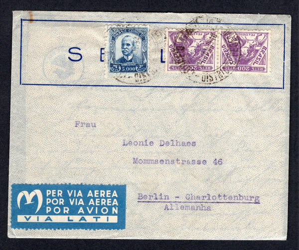 BRAZIL - 1940 - AIRMAIL: Airmail cover franked with 1929 5000rs violet blue and pair 1933 200rs violet (SG 465 & 541) tied by CORREIO AEREO DISTRICTO FEDERAL cds's dated 24 JAN 1940 with fine light blue perforated 'PER VIA AEREA POR VIA AEREA POR AVION VIA LATI' airmail label alongside. Addressed to GERMANY with 'Nazi' censor strip on reverse with small boxed LATI censor marks. The full letter in German is enclosed on 'Air France' headed paper with an additional strike of the boxed censor mark on the side 