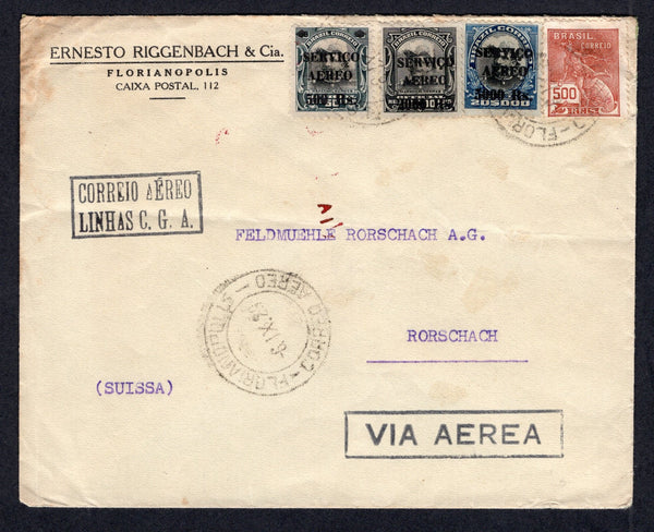 BRAZIL - 1928 - AIRMAIL: Cover franked with 1920 500rs red brown 'Industry' definitive and 1929 500rs on 50rs black & slate, 2000rs on 20,000rs black and 5000rs on 20,000rs black & blue 'SERVICIO AEREO' overprint issue (SG 360, 447, 451 & 452) tied by FLORIANOPOLIS cds's dated 6. IX. 1929 with boxed 'CORREIO AEREO LINHAS C.G.A.' marking in black alongside and AEROPOSTAL FLORIANOPOLIS cds in black on reverse. Addressed to SWITZERLAND.  (BRA/38972)
