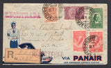 BRAZIL - 1932 - AIRMAIL, REGISTRATION & ROUTING: Printed illustrated 'PANAIR' registered airmail envelope franked with 1920 600rs orange brown 'Industry' definitive and 1929 2 x 200rs carmine, 500rs purple and 2000rs green 'Santos Dumont' AIR issue (SG 338, 470, 472 & 479) all tied by CORREIO AEREO RIO DE JANEIRO cds's dated 6. V. 1932 with black on buff registration label with manuscript 'P.A.A.' added alongside. Addressed to USA with SAN JUAN P.R. transit cds and various MIAMI arrival marks on reverse.  