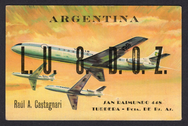 BRAZIL - 1960 - AIRMAIL: Printed 'Varig' promotional postcard illustrated  with three Varig airliners overprinted in black and used as a 'Ham Radio' QSL card with frequency & reception notes on reverse in manuscript. No postal markings so likely mailed in an envelope. Unusual.  (BRA/38976)