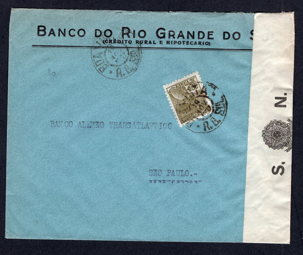 BRAZIL - 1937 - REVOLUTION & CENSORED MAIL: Cover franked with single 1920 300rs drab 'Industry' definitive (SG 405) tied by BOA VISTA R.G. SUL cds dated 10 NOV 1937. Addressed to SAO PAULO and censored with printed black & white 'S. N. ABERTA PELA CENSURA O CENSOR….......' censor strip with censor's signature in manuscript. A scarcer type of strip.  (BRA/38978)