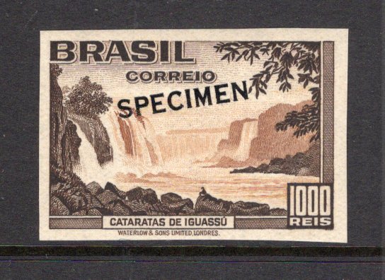 BRAZIL - 1937 - PROOF: 1000rs brown & sepia 'Tourist Propaganda' issue, a fine 'Waterlow' IMPERF PROOF with 'SPECIMEN' overprint in black. (SG 604)  (BRA/38988)