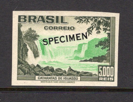 BRAZIL - 1937 - PROOF: 5000rs emerald & olive black 'Tourist Propaganda' issue, a fine 'Waterlow' IMPERF PROOF with 'SPECIMEN' overprint in black. (SG 606)  (BRA/38989)
