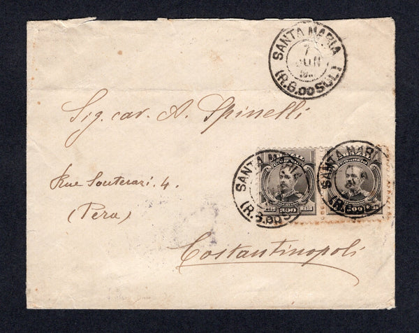 BRAZIL - 1907 - DESTINATION: Cover franked 1906 pair 300rs sepia (SG 267) tied by SANTA MARIA (R.G. DO SUL) cds addressed to CONSTANTINOPLE, TURKEY with CONSTANTINOPLE - GALATA POSTE FRANCAISE arrival cds on reverse.  (BRA/389)