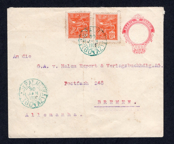 BRAZIL - 1926 - CANCELLATION: 200rs dull red postal stationery envelope (H&G B29) used with added 1920 pair 100rs orange 'Industry' definitives (SG 326) tied by AG. DE PALMEIRA (GOYAZ) cds in green with fine second strike alongside dated 30 JAN 1926 both with the '6' in the year slug adjusted in manuscript from a '5'. Addressed to GERMANY.  (BRA/39116)