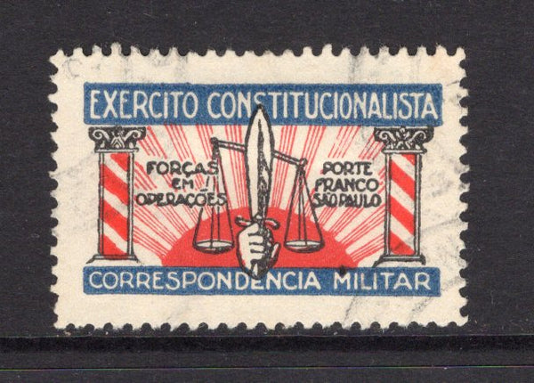 BRAZIL - 1932 - REVOLUTION & CINDERELLA: Blue, black & red 'EXERCITO CONSTITUTIONALISTA - CORRESPONDENCIA MILITAR' cinderella label (with columns in red) produced for use as propaganda on letters mailed to and from the troops fighting in the revolution. A fine used copy with part cds cancel.  (BRA/39414)