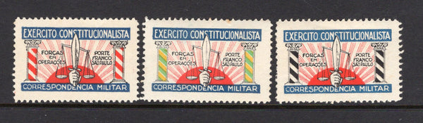 BRAZIL - 1932 - REVOLUTION & CINDERELLA: 'EXERCITO CONSTITUTIONALISTA - CORRESPONDENCIA MILITAR' cinderella label, three different with columns in black, red or green & yellow produced for use as propaganda on letters mailed to and from the troops fighting in the revolution. The set of three mint with gum.  (BRA/39417)
