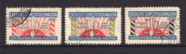 BRAZIL - 1932 - REVOLUTION & CINDERELLA: 'EXERCITO CONSTITUTIONALISTA - CORRESPONDENCIA MILITAR' cinderella label, three different with columns in black, red or green & yellow produced for use as propaganda on letters mailed to and from the troops fighting in the revolution. The set of three fine cds used.  (BRA/39420)