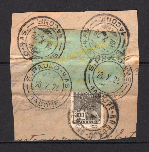 BRAZIL - 1928 - OFFICIAL SEALS: Large piece with 1920 300rs olive grey 'Industry' definitive (SG 332) tied by SERGIPE ARACAJU cds with folded yellow on green 'Official Seal' tied partially on top of stamp by multiple strikes of S. PAULO 4AS 1A CONF cds dated 28. X. 1928.  (BRA/39423)